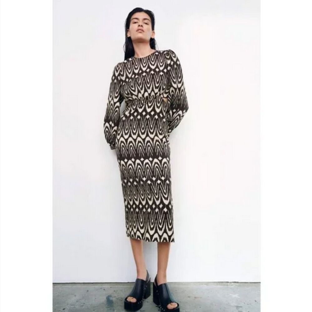 Zara Animal Print Side Cut-Out Puff Shoulder Long Sleeve Midi Dress (NWT)